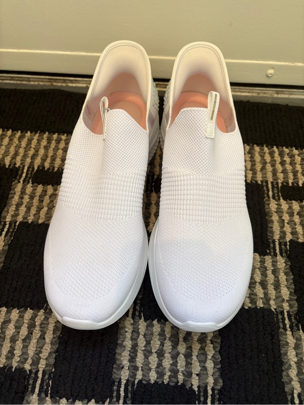 Skechers Women's White Slip-On Knit Sneakers with Pink Lining